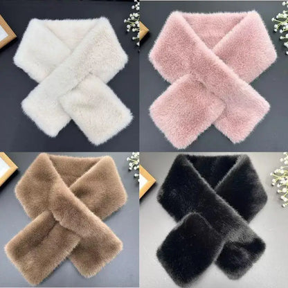 Korean Women Winter Warm Thicken Cross Collar Scarf Imitation Faux Rabbit Fur Scarf Solid Furry Neck Warmer Cold Proof Scarves