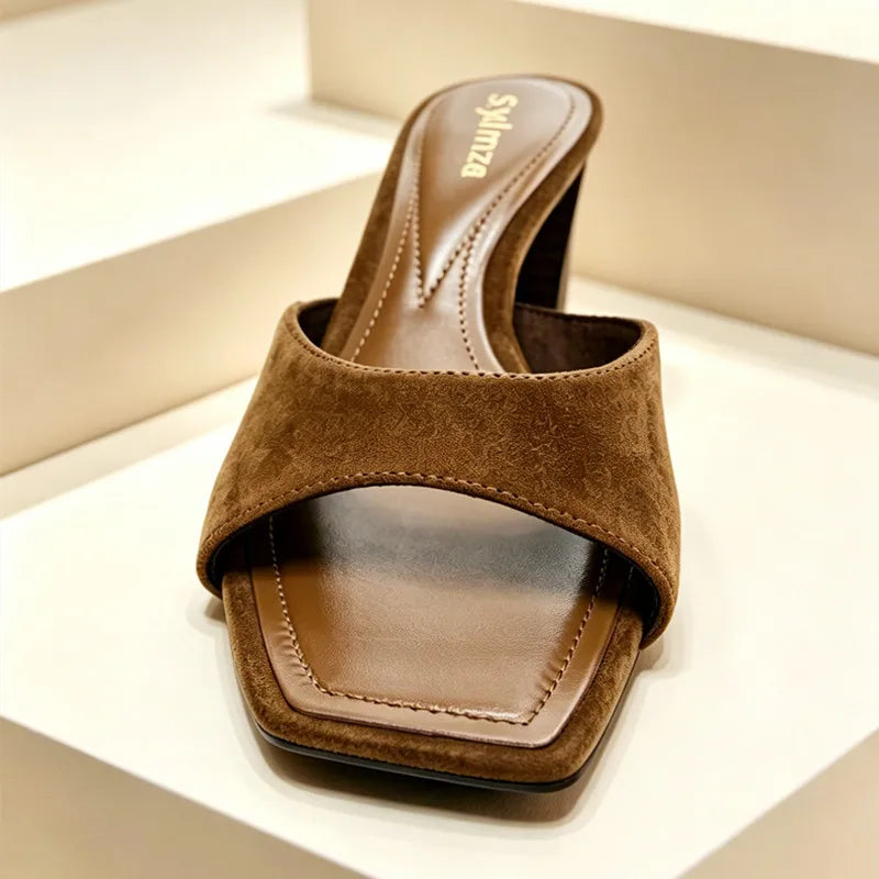 Elegant Faux Suede Chunk High Heel Mule Sandals Women Backless Square Toe Slippers for Ladies 2026 Summer Luxury Designer Shoes