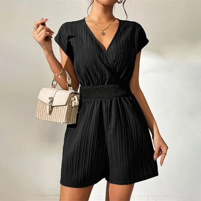 Women V Neck Rompers 2024 Summer Shorts Jumpsuits Short Sleeved Playsuits With Pockets Casual Solid Loose Beach Overalls