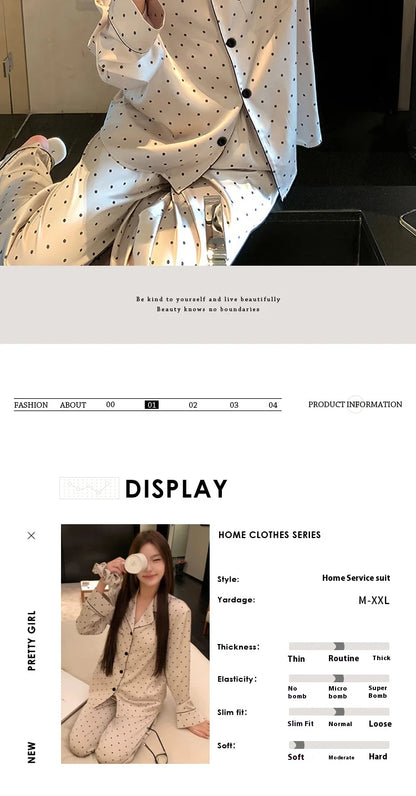 French High Sense of Sleepwear Women Spring and Fall New Simple Polka Dot Long-Sleeved Long Pants Ice Silk Homewear Fashion Suit