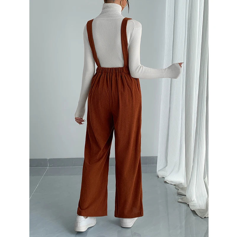 Women Casual Jumpsuit Corduroy Wide Shoulder Straps Button Detail Solid Color Relaxed Fit Autumn Winter Hand Wash Only