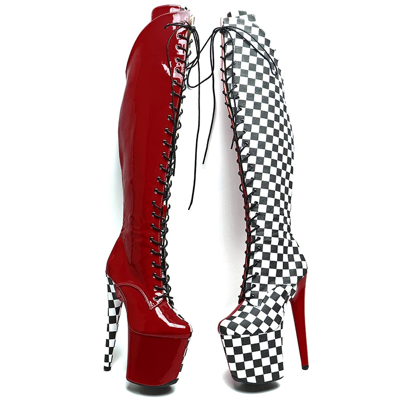 Leecabe 20CM/8inches  New  Fashion Style Patent with Grid Pattern PU Mix Color High Heel Platform Boots  Pole Dance Boots
