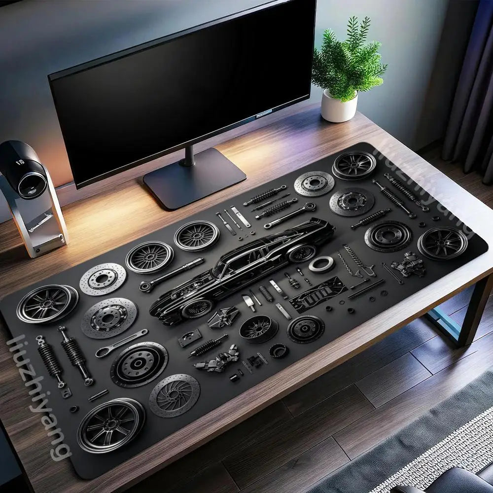 Car Parts Assembly Large Mouse Pad Retro Muscle Car Black Metal Texture Desk Mat Gaming Keyboard Pad Non-slip Office Table Mat