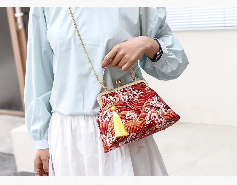 Fashion Vintage Fringe Bag Small Shell Bags Chain Women Shoulder Crossbody Bag Crane Flying Women's Handbags Purses Embroidery