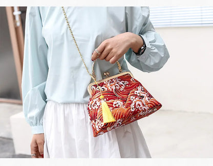 Fashion Vintage Fringe Bag Small Shell Bags Chain Women Shoulder Crossbody Bag Crane Flying Women's Handbags Purses Embroidery