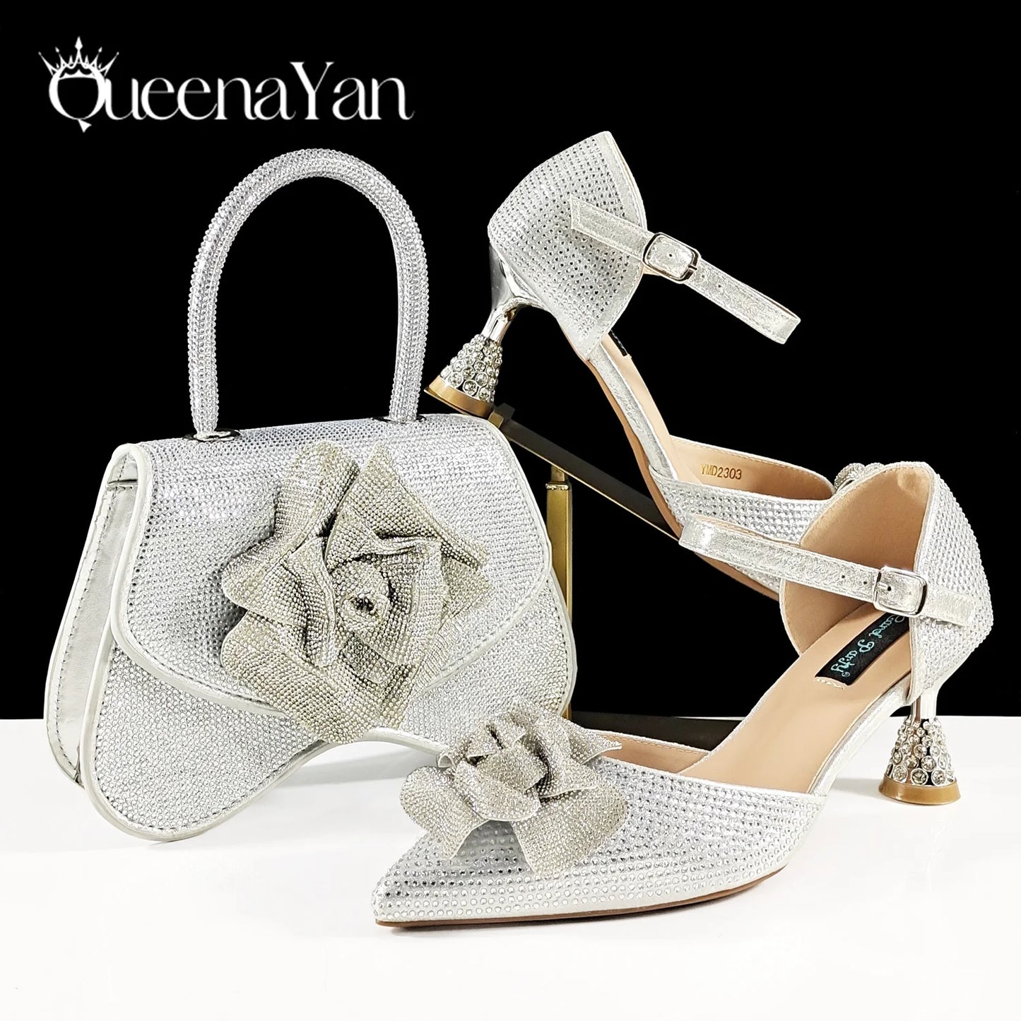 Queena Yan Spot Goods Nigeria High Quality Heels Pumps And Bag Handmade Flowers Fashion Design For Nigeria Wedding Party