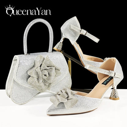 Queena Yan Spot Goods Nigeria High Quality Heels Pumps And Bag Handmade Flowers Fashion Design For Nigeria Wedding Party