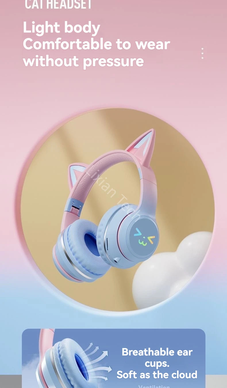 GRB Glow Gaming Headset Gamer Stereo Bass Cat Ear Wireless Earpods Bluetooth Earphones TYPE-C Cable Headphones Blutooth Handfree