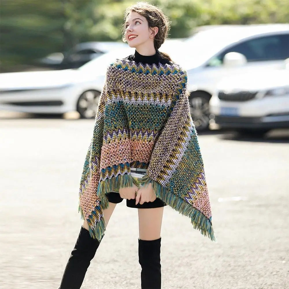 Coat Overlays Winter Warm Mongolian Poncho Striped Polyester Knitting Wraps Ethnic Style Pullover Tassel Shawl Women Fashion