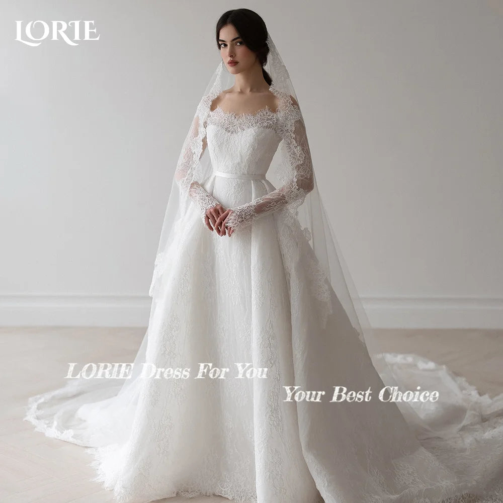 LORIE Boho Wedding Dress Off Shoulder Long Sleeve Lace Beach Princess Button Bridal GownCustomized A-Line Bohemian Bride Dresses