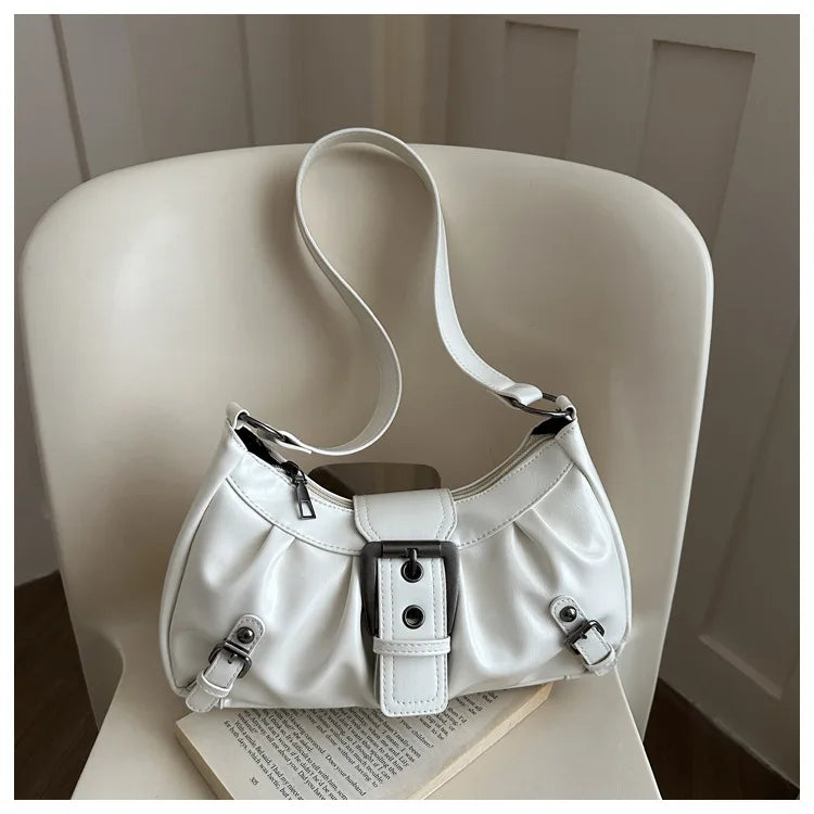 Fashion Pleated Lock Design Women's PU Shoulder Bags Simple Solid Color Ladies Underarm Bag Portable Cool Girls Phone Handbag
