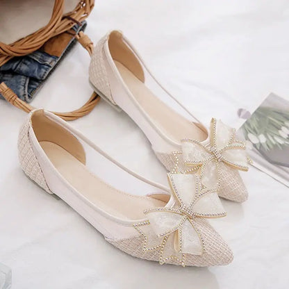 Women's Flat Mesh Shoes Diamond with Bow Pointed Toe Ladies Footwear Casual Non Slip Luxury Brand Elegant and Fashionable Y2k On