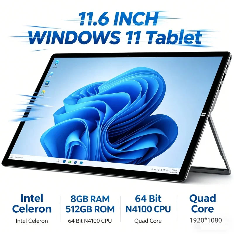 11.6 INCH WINDOWS 11 Tablet PC Pad1162 Intel Celeron 8GB RAM 512GB ROM 64 Bit N4100 CPU Quad Core WIFI HDMI-Com 1920 X 1080 Pix