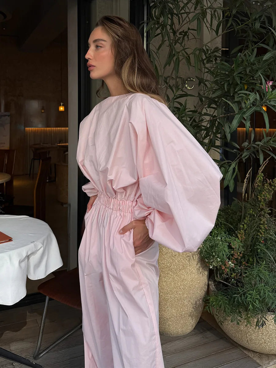 Pink One-Piece Suit Women's Spring Summer New Lantern Sleeve Backless Top Waist-Cinching Wide Leg One-Piece Suit