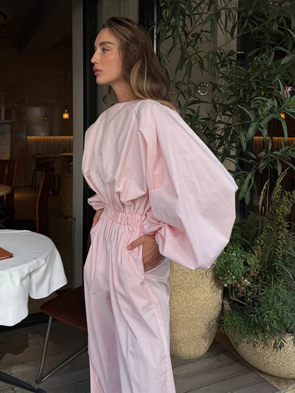 Pink One-Piece Suit Women's Spring Summer New Lantern Sleeve Backless Top Waist-Cinching Wide Leg One-Piece Suit