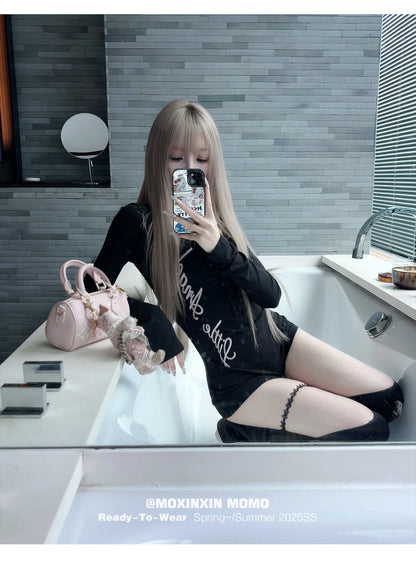 Pure Desire American Long Sleeved T-shirt Jumpsuit Slim Fit Letter Spicy Girl Sexy Sports Fitness Yoga Cycling Jumpsuit Shorts