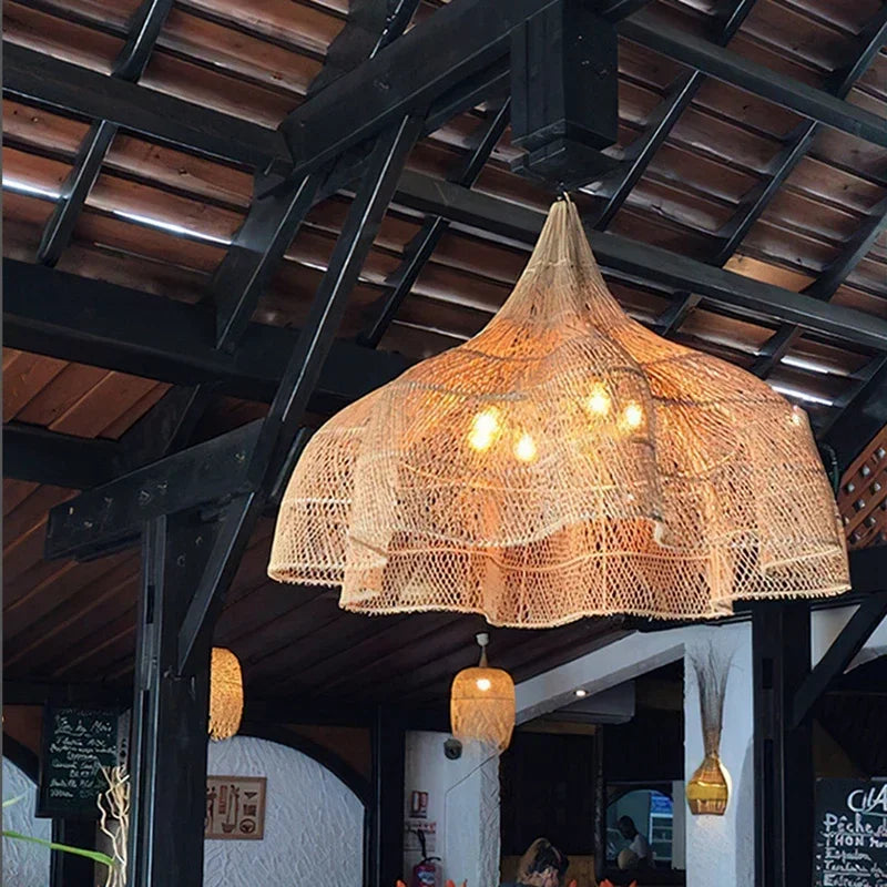 Japanese Style Wabi-sabi Retro Rattan Chandelier Creative Living Room Restaurant Box Pendants LIghts Hotel Living Room Lamps LED