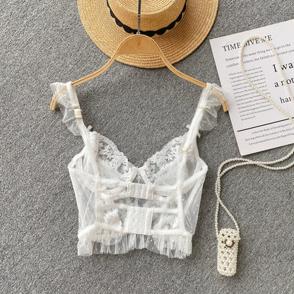 French Chic Sexy Woman Sleeveless Skinny Backless Female Corset Camis Lace Sheer Spaghetti Strap Hotsweet Tank Tops Dropshipping