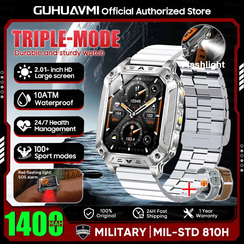 2026 New Military outdoor 1400mAh Battery SmartWatch Men Waterproof Call 2.01" HD AMOLED Sports Heart rate Flashlight Smart Band