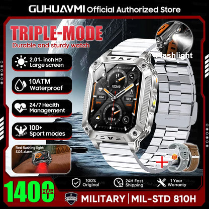 2026 New Military outdoor 1400mAh Battery SmartWatch Men Waterproof Call 2.01" HD AMOLED Sports Heart rate Flashlight Smart Band