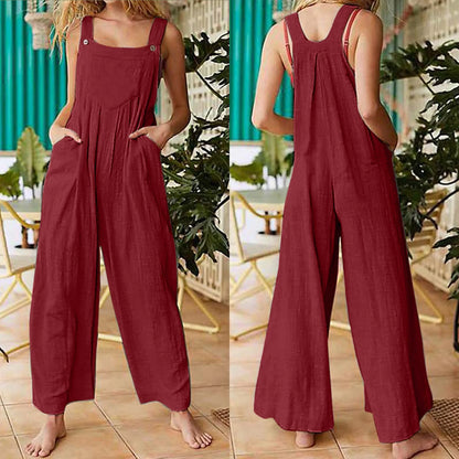 Women Summer Boho Jumpsuit Overalls Solid Ethnic Style Square Neck Sleeveless Casual Jumpsuit Pockets Loose Pants Jumpsuits 2024