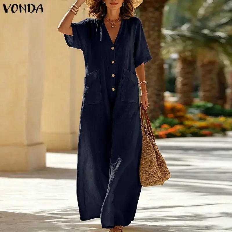 Vintage Jumpsuits VONDA 2026 Plus Size Women Solid Overalls Casual Loose Big Pockets Buttons V Neck Party Playsuits Oversized
