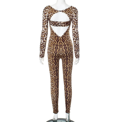 AVV Fashion Leopard Printing Long Sleeve Hollow Out Club Rompers Sexy Women's V-neck High Waist Skinny Jumpsuit Streetwear
