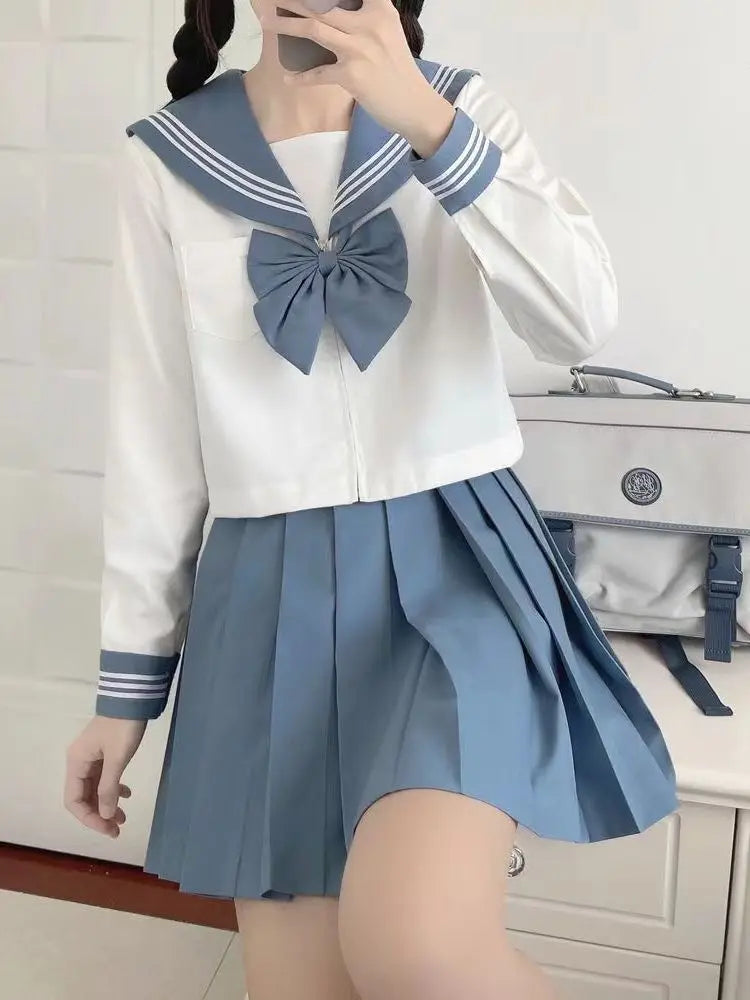 Blue JK Uniform Summer long Sleeve Japanese School Uniforms Girls Sailor Sets Pleated Skirt JK Uniform Costume