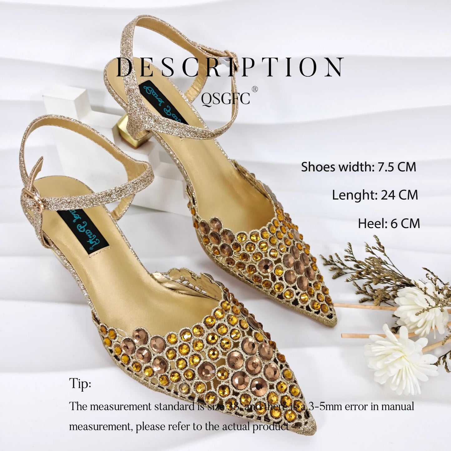 Party Style African Women's Shoes Bags Rhinestone Embellished Pointed Toe Cutout Heels Square Clutch Bag