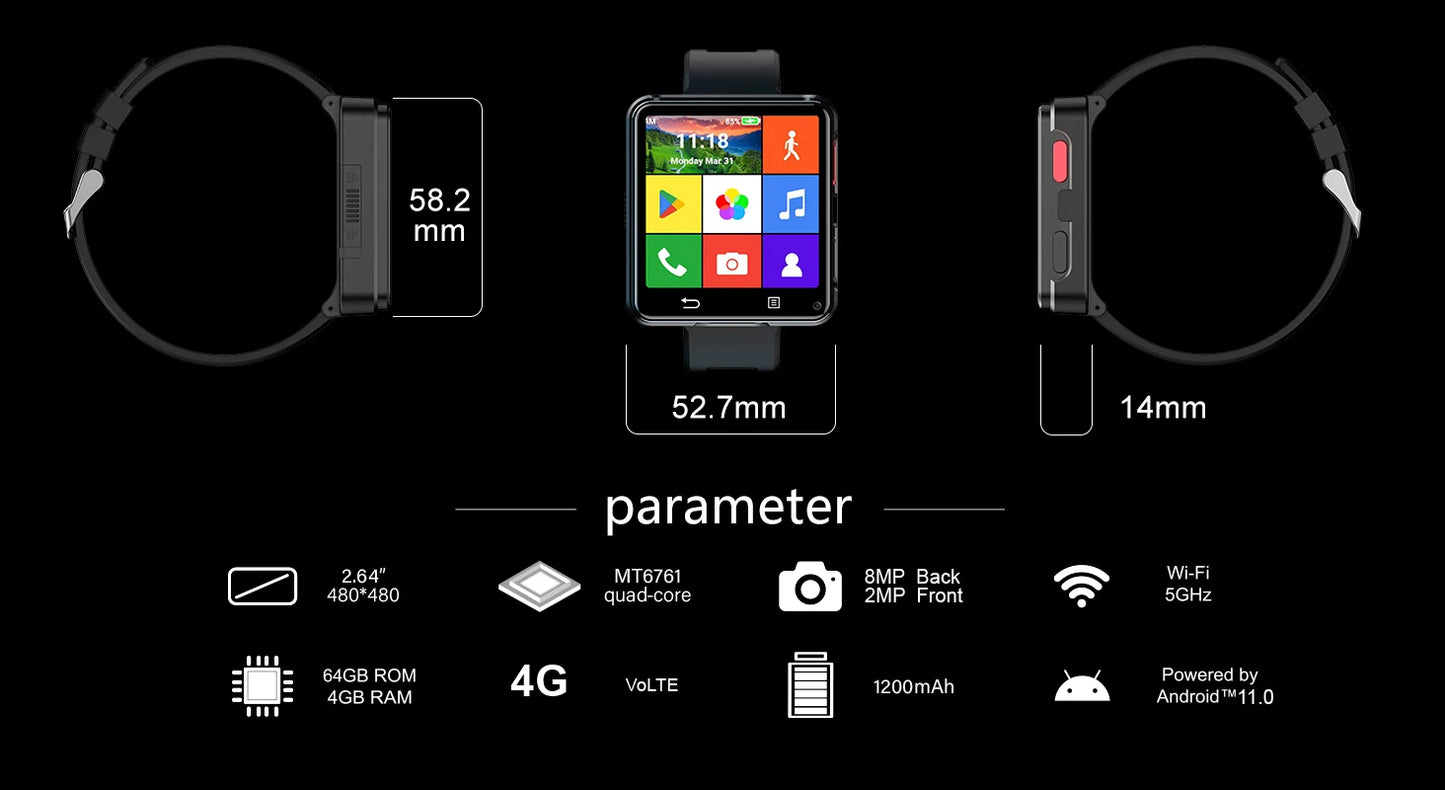 2026 S998 Smart Watch Android 11.0 OS 2.64 inch Large Screen MTK6739 500W Camera 1200mAH Battery Strap Removable Smartwatch 4G