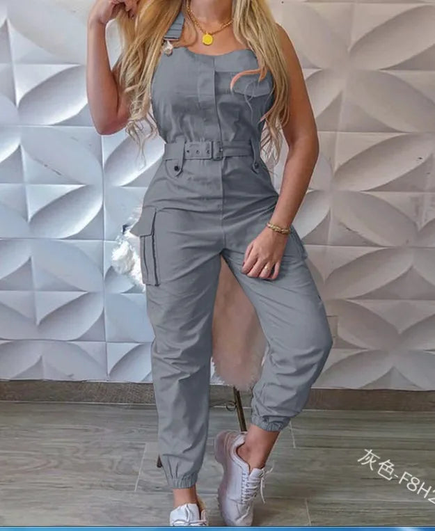 Fashion Pocket Jumpsuit Women Loose Dungarees Long Rompers Summer Solid Pockets Cargo Pants Female Casual Work Out Playsuits