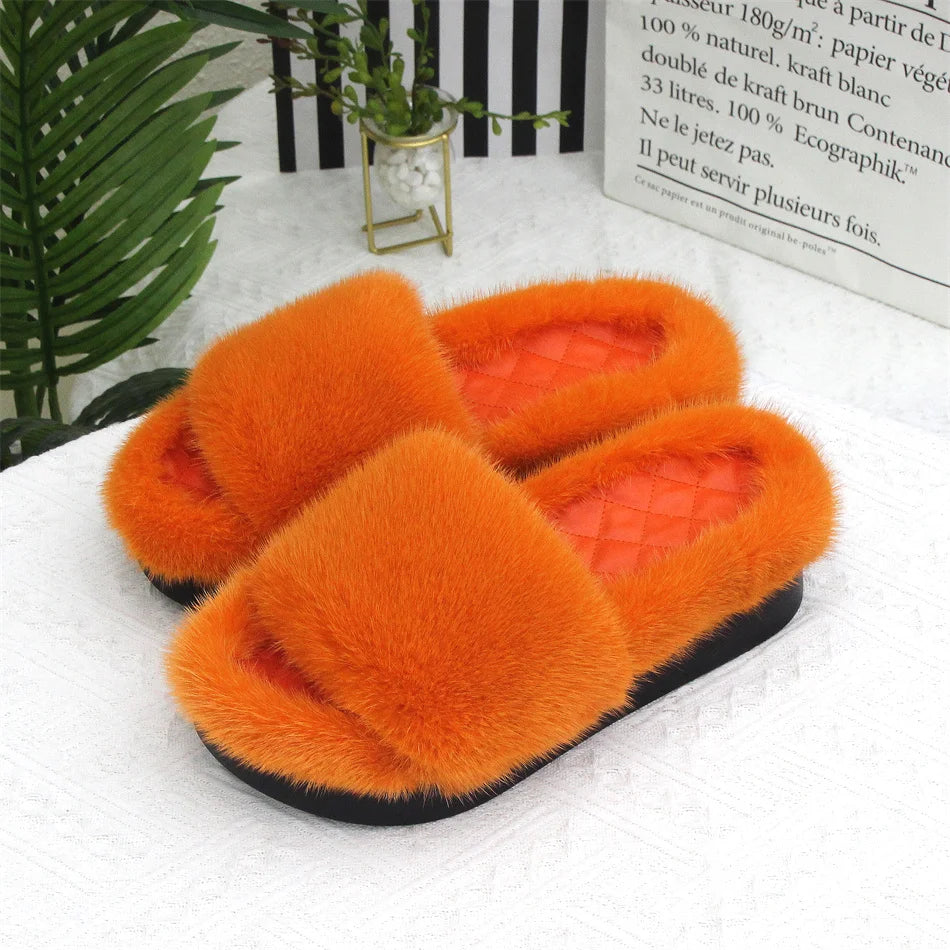 2026 Women Real Mink Fur Slippers Indoor Outdoor Luxury Shoes For Women Comfort Platform Fluffy Slipper Slides For Woman Summer