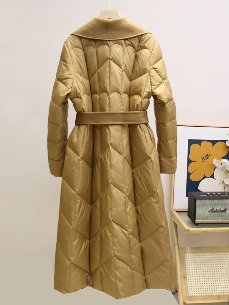 White Duck Down Coat Wool Patchwork 2025 Down Jacket for Women Autumn Winter New Fashion Style Long Puffer Jacket Lady Feather