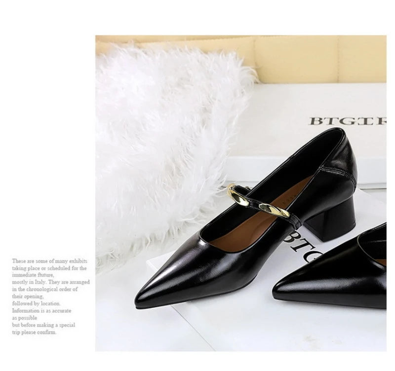 Women Korean Vintage Soft Split Cow Leather Pointed Pumps Simple Single Metal Buckle Strap Mid Chunky Heel Comfort Office Daily