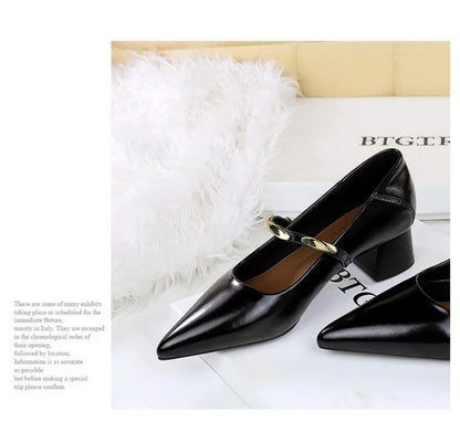 Women Korean Vintage Soft Split Cow Leather Pointed Pumps Simple Single Metal Buckle Strap Mid Chunky Heel Comfort Office Daily