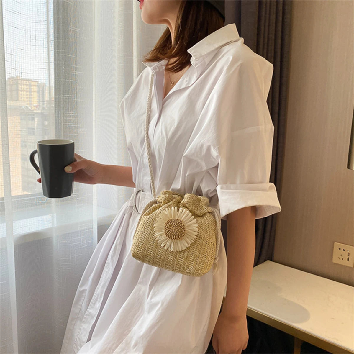 Summer New Fashion Straw Strap Mouth Women's Woven Bag Single Shoulder Bag Crossbody Bag for Travel and Amusement