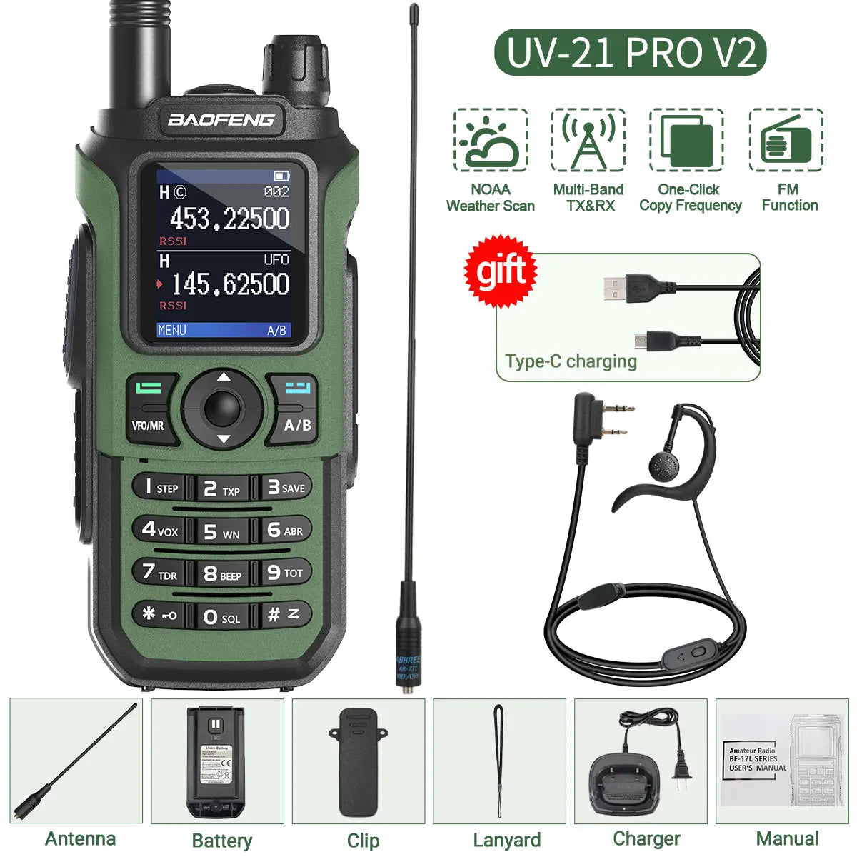 Baofeng UV-21 PRO Walkie Talkie V2 Long Range Multi-band Portable Ham Two Way Radio Wireless Copy Frequency Type-C For Hunting