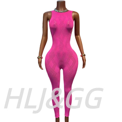 HLJ&GG Sexy Knitting Hollow Stretchy One Piece Jumpsuits Women Sleeveless Backless Slim Playsuits Female See Though Club Overall