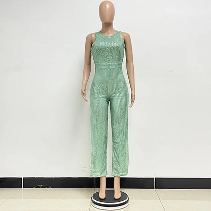 Bling Bling Sequined Club Jumpsuit Sexy Women O-neck Elegant Shiny Sliver Gold Sequins Straight Romper Overalls