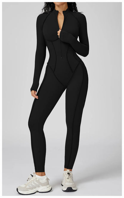 Sexy Rompers Workout Zipper Jumpsuit Long Sleeves Sports Bodysuits Women Gym Running Fitness Suits Gym Tracksuit Sportswear