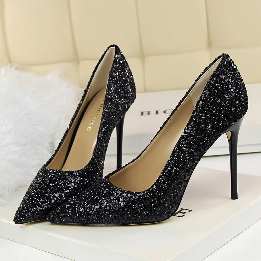 Women 7cm 9.5cm High Heels Pumps Wedding Bridal Scarpins Sparkly Mid Heels Lady Party Sequins Glitter Evening Gold Silver Shoes