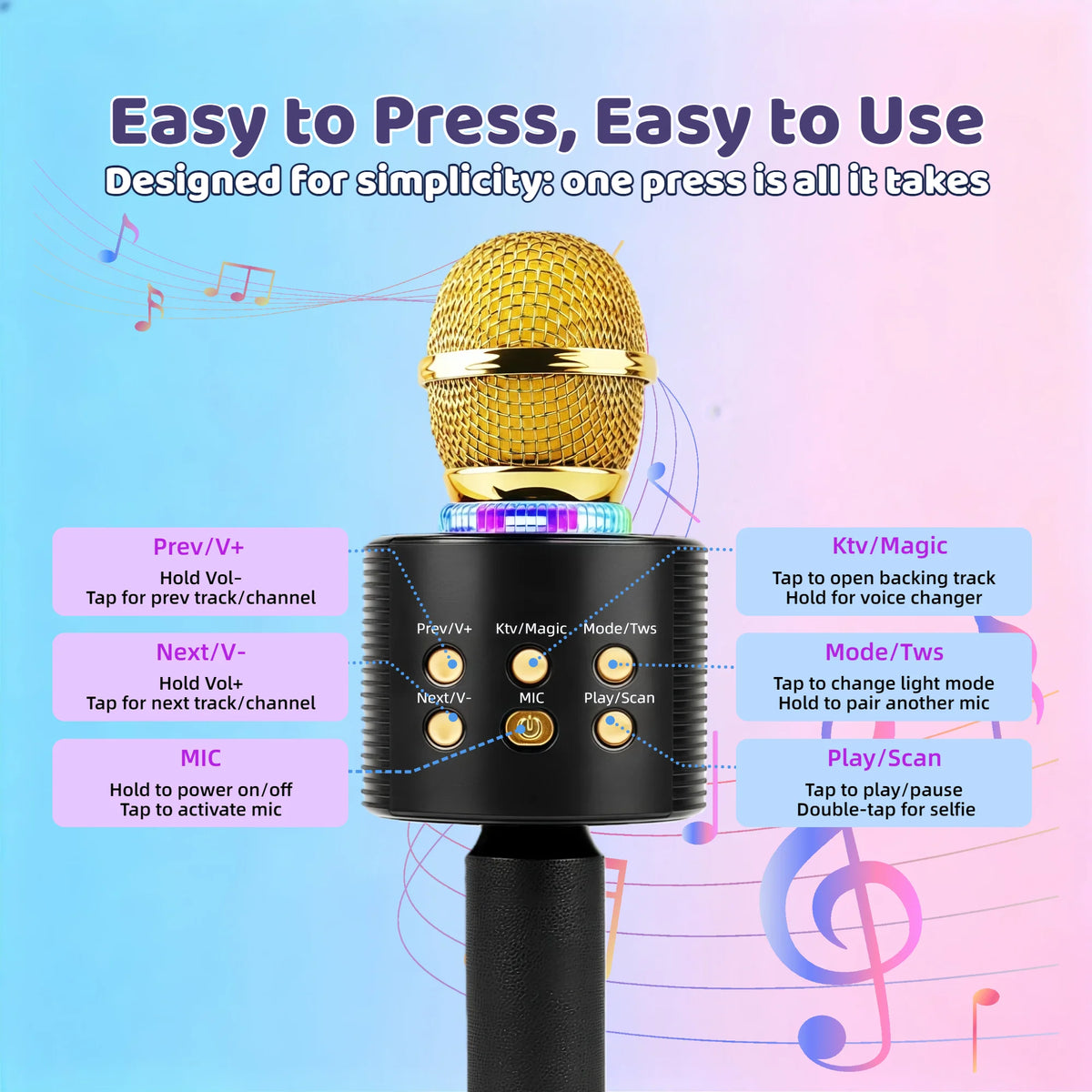 Wireless Karaoke Microphone Bluetooth Speaker LED Light Portable Singing Mic with Voice Changer for Kids Adults Party Outdoor Birthday Gift Car Travel Home KTV Rechargeable Handheld Karaoke Machine Christmas Present Fun Toy C