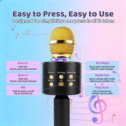 Wireless Karaoke Microphone Bluetooth Speaker LED Light Portable Singing Mic with Voice Changer for Kids Adults Party Outdoor Birthday Gift Car Travel Home KTV Rechargeable Handheld Karaoke Machine Christmas Present Fun Toy C
