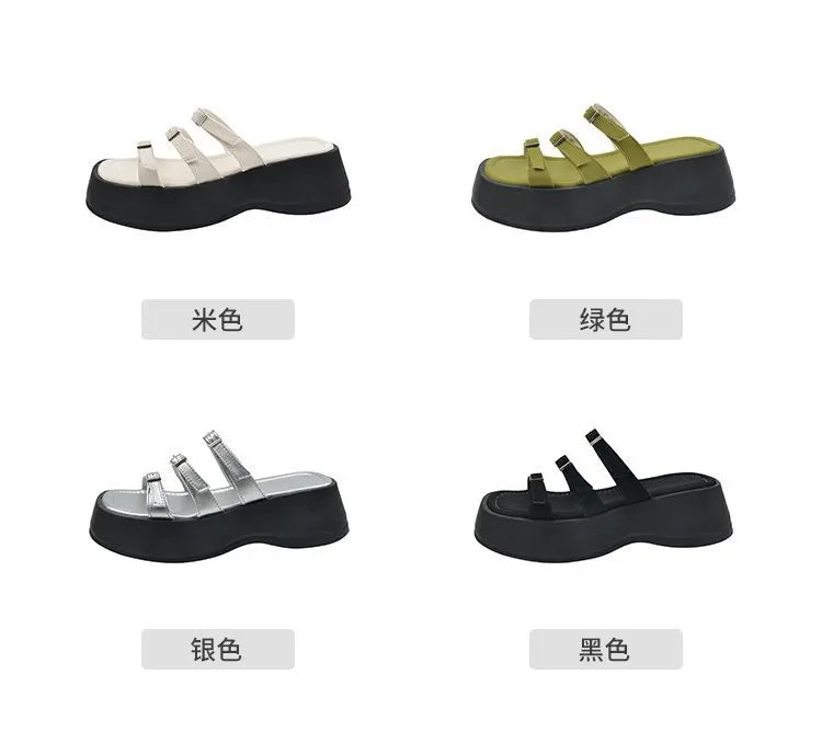 Women Thicken Soled Buckle Strap Sandals Platform High Heel Shoes Ladies Cut-Out Slippers Open Toe Flipflops Silver Beach Slides