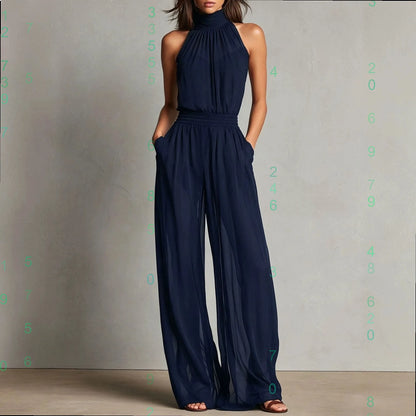 Womens Jumpsuits Summer Elegant Chiffon Sleeveless High Neck Backless Wide Leg Pants Jumpsuit Playsuit