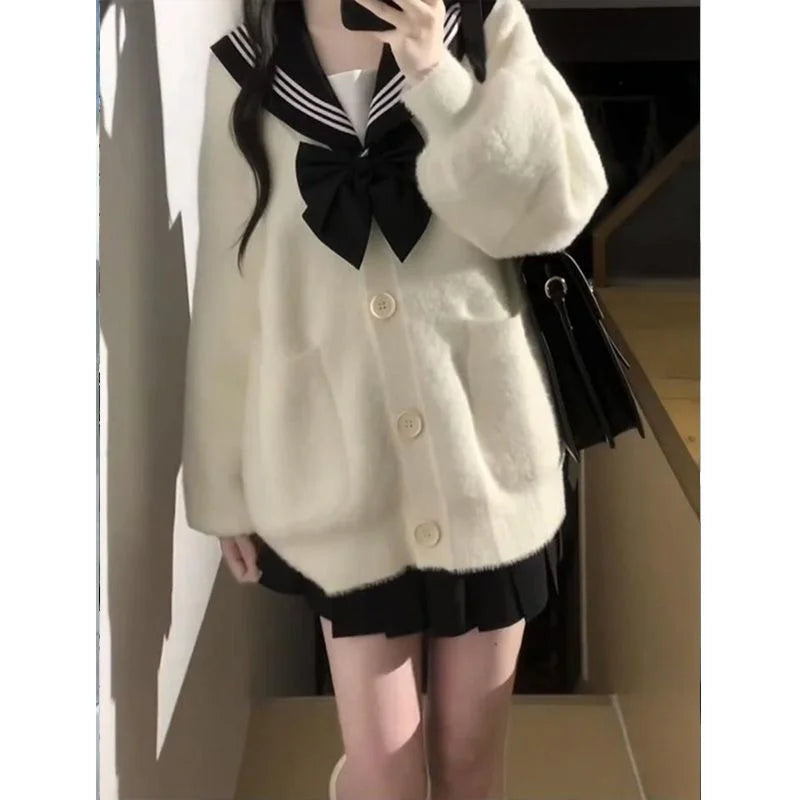 2025 New Japanese College Style Casual Loose Fitting Mink Fur Cardigan Jacket JK Trendy Skirt