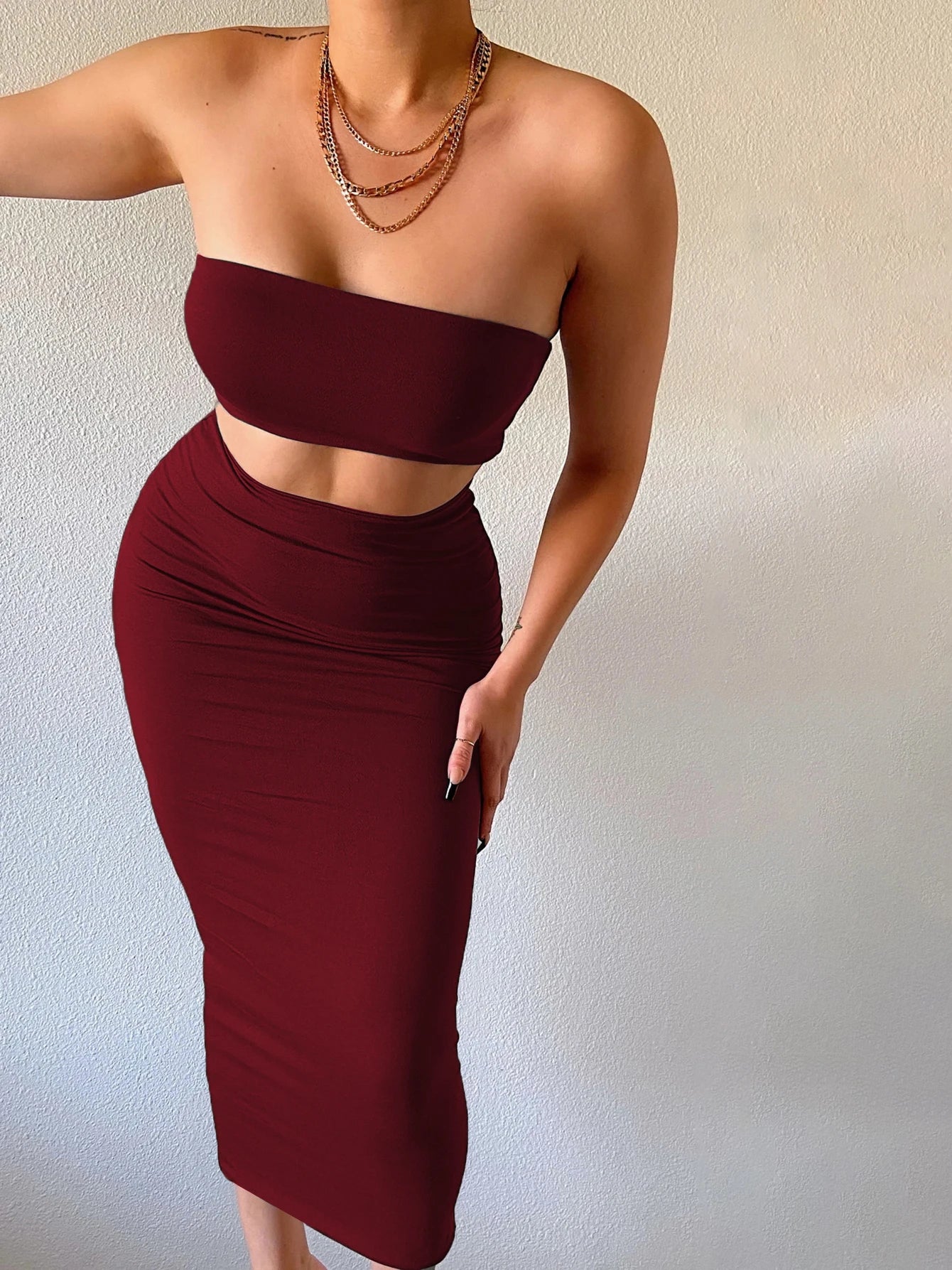 Hugcitar Women Elegant 2 Pcs Sets Strapless Sexy Tube Crop Tank Top Maxi Skirt 2025 Summer Women Casual Clothes Party Festival