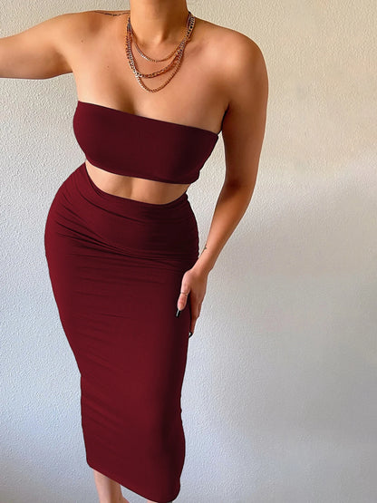 Hugcitar Women Elegant 2 Pcs Sets Strapless Sexy Tube Crop Tank Top Maxi Skirt 2025 Summer Women Casual Clothes Party Festival