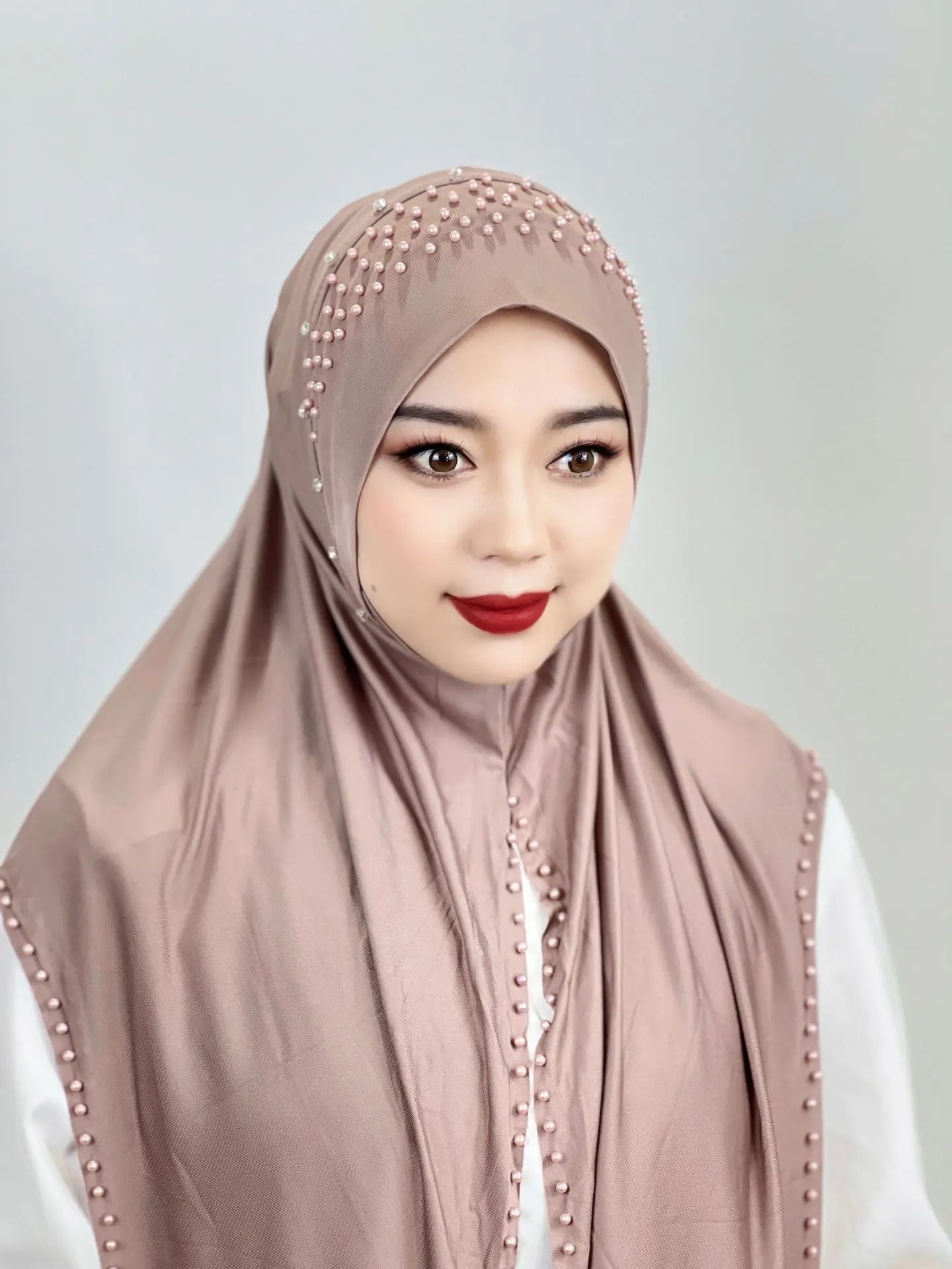 2026 Fashion Versatile Beaded Hijab for Women,Mid-Length Convenient Pull-over Hat Scarf,Malay Shawl Pure Color Women's Headscarf