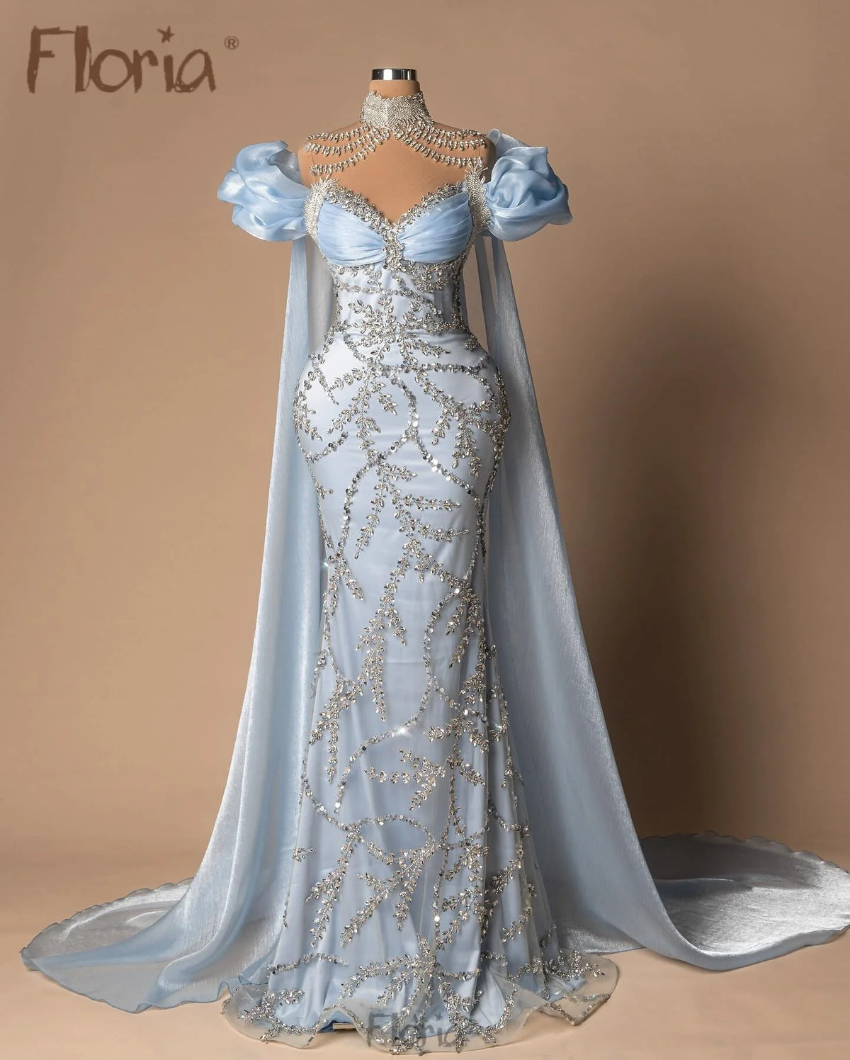 Off Shoulder With Long Cloak Prom Dress Light Blue Women Wedding Occasion Dress Heavy Silver Stone Glitter Party Gown Customized